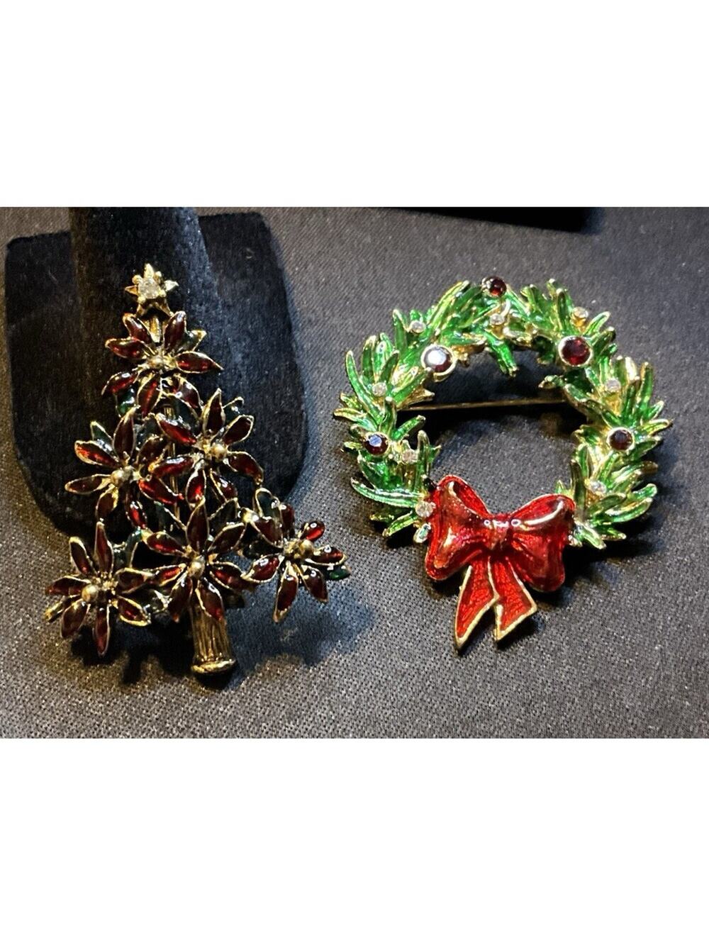 Christmas Tree And Wreath Brooches